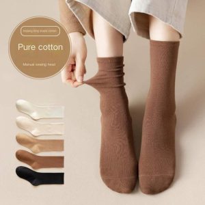 Stokin Kapas, Set 5 Pasang, Untuk Wanita, Gaya Korea, Warna Pepejal, Serba guna, Bergaya, Kasual, Stokin Asas, Diperbuat daripada Bahan Tulle, Warna Putih