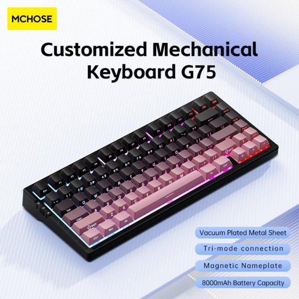 MCHOSE G75 Papan Kekunci Mekanikal, Reka Letak 75 Peratus, Ergonomik, Wayarles Bluetooth, Permainan Disesuaikan, Warna Merah Jambu dan Hijau, Bunyi Berkrim, Sesuai untuk Komputer Riba / Tablet / PC Menang & Mac & Linux