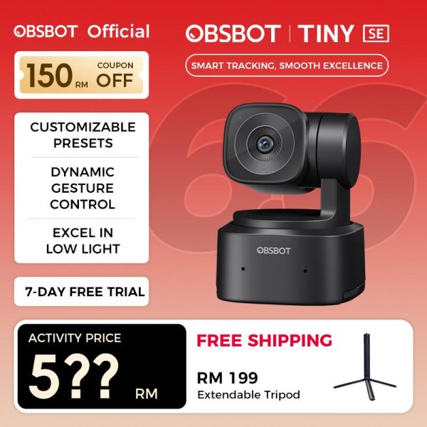 OBSBOT Tiny SE 1080P 100FPS Webcam for PC, AI Tracking PTZ Streaming Camera with 1/2.8" Sensor, Gesture Control, Dual ISO, DOL HDR, Web Camera for Desktop Computer, Laptop, Meeting.