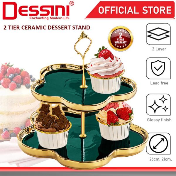 DESSINI ITALY 2 Tier Ceramic Dessert Stand Tower Cake Display Rack Snack Platter Fruit Bowl Party Serving Tray Plate