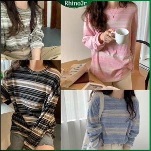 TS29 Rhino Korean Women's Striped Loose Long Sleeve T-shirt
