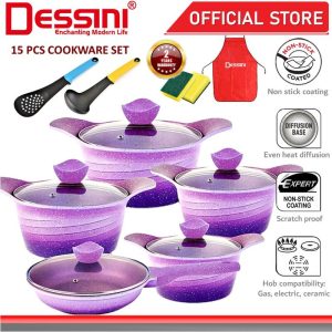 DESSINI ITALY 15 Pcs Casserole Die Cast Aluminium Non Stick Pot Bowl Double Side Pan Cookware Cover PERIUK