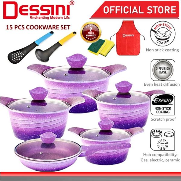 DESSINI ITALY 15 Pcs Casserole Die Cast Aluminium Non Stick Pot Bowl Double Side Pan Cookware Cover PERIUK
