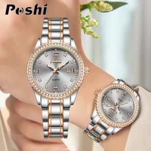 Jam Tangan Wanita Kalis Air, POSHI, Fesyen, Jam Tangan Wanita Mewah, Reka Bentuk Berlian, Fungsi Kalendar, Pergerakan Kuarza, Hadiah Terbaik untuk Wanita, 100% tulen