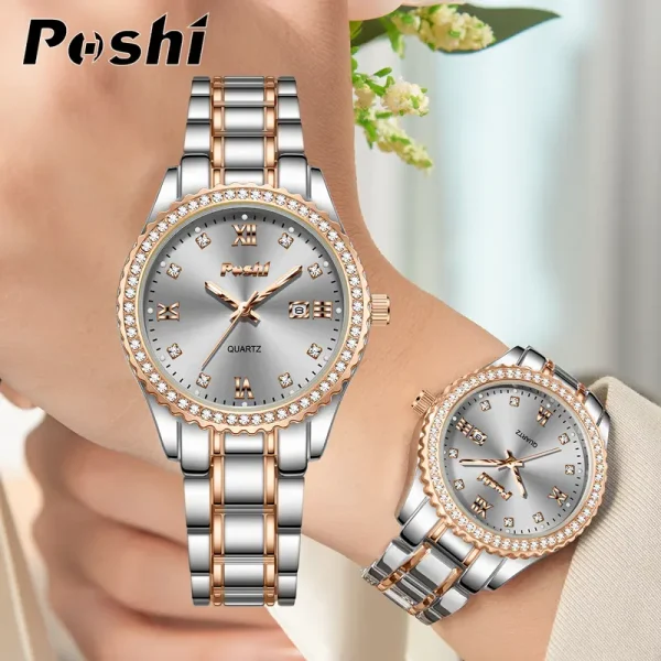Jam Tangan Wanita Kalis Air, POSHI, Fesyen, Jam Tangan Wanita Mewah, Reka Bentuk Berlian, Fungsi Kalendar, Pergerakan Kuarza, Hadiah Terbaik untuk Wanita, 100% tulen