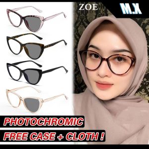 Cermin Mata Photochromic, MX-ZOE, Anti-radiasi, Model Mata Kucing dan Telinga Kucing, Rim Penuh Plastik, Cahaya Anti-UV, Gaya Penerbang, Berubah Warna, Gaya Logam, Sesuai untuk Wanita dengan Muka Bulat, Cermin Mata Anti-Cahaya Biru
