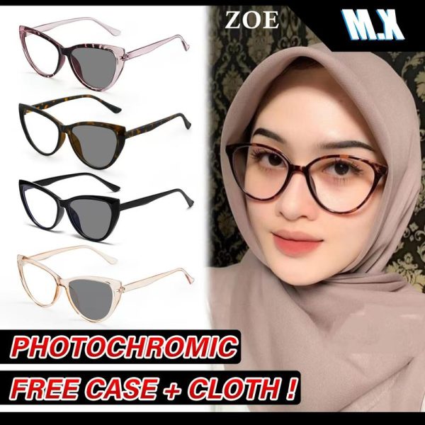 Cermin Mata Photochromic, MX-ZOE, Anti-radiasi, Model Mata Kucing dan Telinga Kucing, Rim Penuh Plastik, Cahaya Anti-UV, Gaya Penerbang, Berubah Warna, Gaya Logam, Sesuai untuk Wanita dengan Muka Bulat, Cermin Mata Anti-Cahaya Biru
