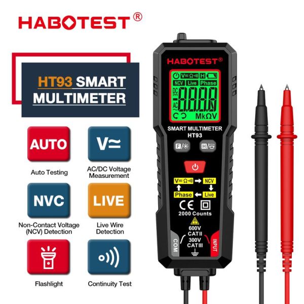Multimeter Pintar, HABOTEST HT93, Ujian Auto, Pengukuran Voltan AC / DC, Pengesanan Wayar Hidup NCV, Lampu Suluh, Ujian Kesinambungan, 2000 Kiraan