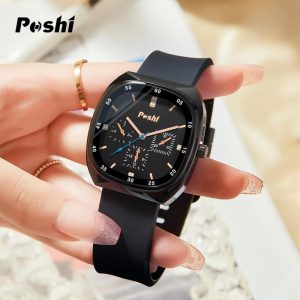 [100% ORIGINAL] POSHI Jam Tangan Wanita Kuarza Persegi Silikon, Fesyen Elegan, Gaya Kasual, Jam Tangan Pergelangan tangan Wanita, Kalis Air Watches