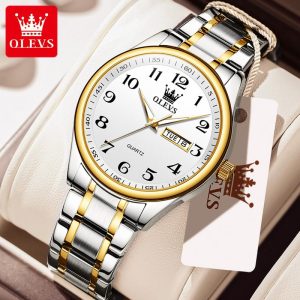 OLEVS Jam Tangan Lelaki Original Kalis Air Kulit Asli Dengan Kotak Viral 2025 Hitam dan Putih Fasa Bulan Chronograph with Luxury Gifts Box G55-67 Rotundity Bahan logam dalam stok Banyak warna Pejabat parti pemberian hadiah Garanti 1 tahun Watches