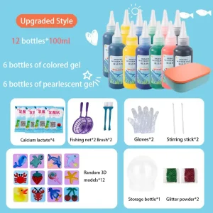 Magic Water Elf Refill Color Gel (3.38OZ/100ML) 12 Bottles(6 Pure Color + 6 Sparkling Color Gels) + 4Packs Powder + 12Figure Mold, Aqua Fairy Gel for Kids Playing