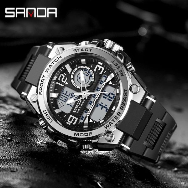 Jam Tangan Elektronik, AW24 SANDA 6024, Untuk Lelaki, Kalis Air, Jam Tangan Analog-Digital Sukan, Sesuai untuk Lelaki