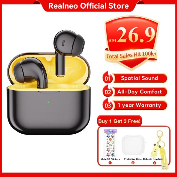 【Buy 1 Get 3 Freebies 】Realneo Neo 6 Max 360-degree stereo surround sound system TWS Bluetooth Earphone HiFi Quality Electronic True Wireless Audio Earbuds Chargeable with MIC Noise-reductionsupport HD call and videos V5.4 Superb Bass