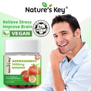 Nature’s Key Ashwagandha Gummies Ashwagandha Root Extract with Vitamin D2 for Men and Women Strawberry Flavor 60 Recipe