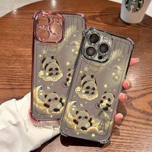 Sarung Telefon Penyaduran Panda, Reka Bentuk Comel, Serasi dengan iPhone 11, 16, 15, 14, 13, 12, Pro, Xs Max, XR, X, 7, 8 Plus, Sarung Jelas HD Mewah, Sarung TPU Lembut, Kalis Kejutan, Sarung Telefon Bimbit, Penutup Belakang Pelindung