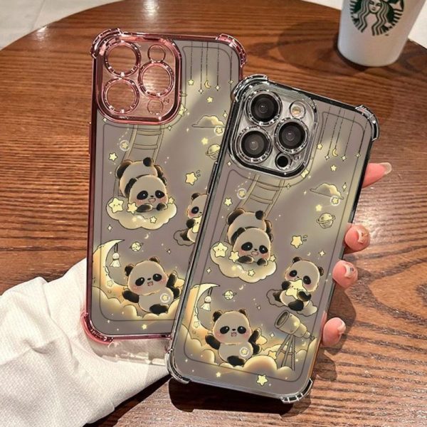 Sarung Telefon Penyaduran Panda, Reka Bentuk Comel, Serasi dengan iPhone 11, 16, 15, 14, 13, 12, Pro, Xs Max, XR, X, 7, 8 Plus, Sarung Jelas HD Mewah, Sarung TPU Lembut, Kalis Kejutan, Sarung Telefon Bimbit, Penutup Belakang Pelindung