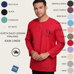 KURTA DAUD LENGAN PANJANG | KAIN LINEN | WOODEN BUTTON (REGULAR FIT) BY BEAUFIT Dewasa men size.l steel grey trendy yellow bergaya white tiktok shop