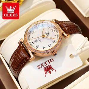 OLEVS Fashion Women's Watch Cahaya asal dalam tali kulit malam Pakai tahan tahan air dan Quartz Watch tahan goresan Gelap Bead 5590 Rotundity Material logam+kulit dalam stok Warna berbilang Ada kotak Pejabat parti pemberian hadiah Garanti 1 tahun