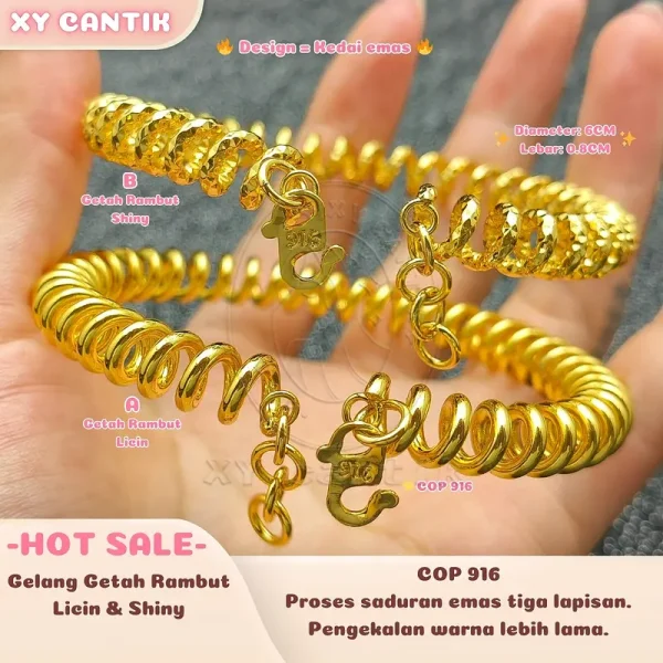 Gelang Getah Rambut Licin & Getah Rambut Shiny Viral COP916 Logam Berlapis Emas 3 Lapis Hadiah Anti-Alergi Tahan Lama Titanium Bangles Bracelets Jewelry XYcantik