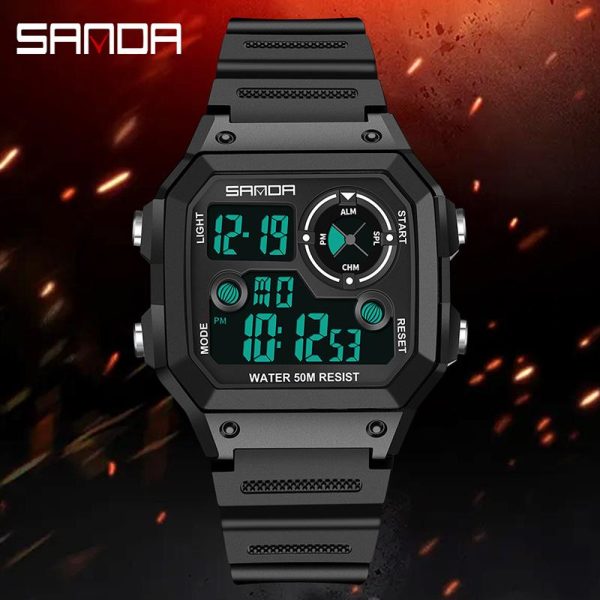 Jam Tangan Sukan Lelaki, AW24 SANDA 418, Fesyen, Paparan Undur, Kalis Air, Jam Tangan Digital LED, untuk Lelaki