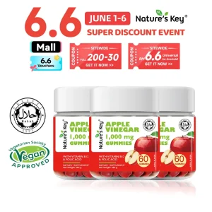 Nature's Key Set Kombo Apple Cider Vinegar Gummy 3 Botol Sesuai untuk Pekerja Pejabat dan Pencinta Kecantikan, Vegan Tulen Tanpa Bahan Tambahan, Kaya dengan Pelbagai Vitamin dan Ekstrak Herba, 60 Biji Setiap Botol