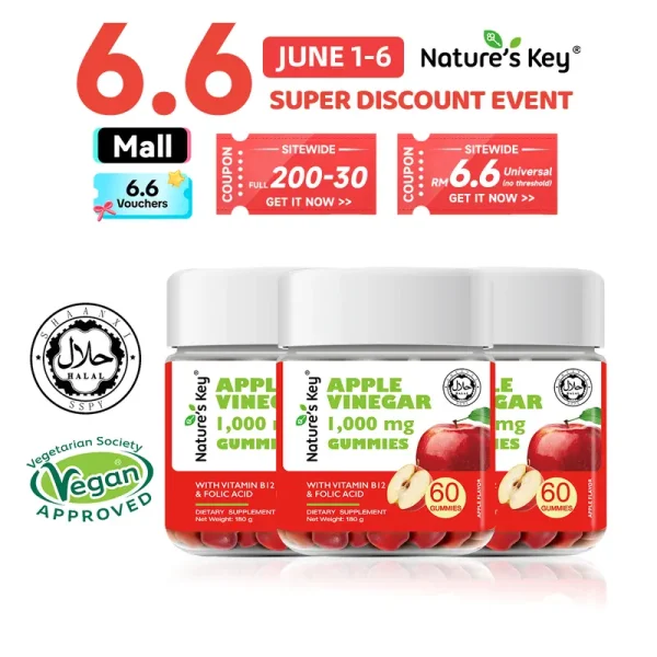 Nature's Key Set Kombo Apple Cider Vinegar Gummy 3 Botol Sesuai untuk Pekerja Pejabat dan Pencinta Kecantikan, Vegan Tulen Tanpa Bahan Tambahan, Kaya dengan Pelbagai Vitamin dan Ekstrak Herba, 60 Biji Setiap Botol