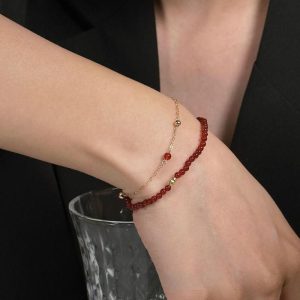 Gelang batu akik merah tali manik anjal perhiasan buatan tangan yang halus dan elegan jade original