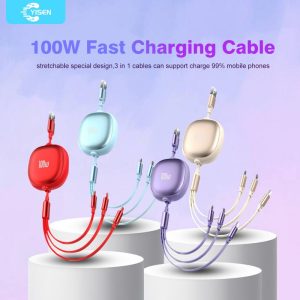 Yisen Three-in-One Type C 100W Super Fast Charging Data Cable Micro USB Wire Telescopic Suitable For Android iPhone Huawei Charging Cable