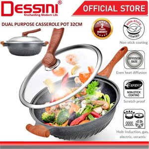 DESSINI ITALY Marble Stone Induction Casserole Non Stick Frying Pan Wok Pot Bowl Cookware Cover Kuali Periuk (32cm)