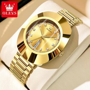 OLEVS Jam Tangan Untuk Wanita Keluli Tungsten Kalis Air Pergerakan Kuarza Jepun Tulen Fesyen Berkilau Jam Tangan Emas dengan Kalendar 7017 Watches Rotundity Bahan logam dalam stok Banyak warna Pejabat parti pemberian hadiah Garanti 1 tahun