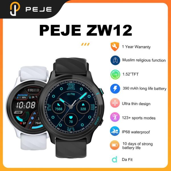 Jam Tangan Pintar, PEJE ZW12, Kalis Air IP68, Skrin HD 1.52-inci, Menyokong Straval, 100 + Mod Senaman, Suara AI, Panggilan Bluetooth