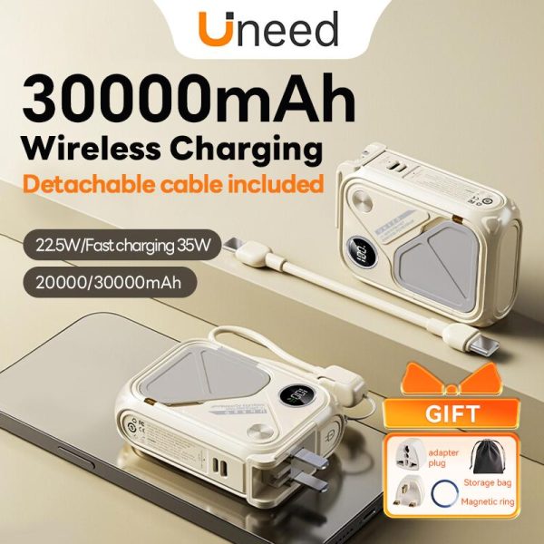 【2-Year Warranty】UNEED Powerbank 20000mAh 30000mAh Original | Wireless Magnetic Fast Charging PD 35W +Self-Plug , Detachable Charging Cable & LED Display , Power Bank