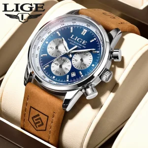 LIGE original business men watch sealed waterproof case multi-dial chronograph function leather strap quartz movement jam tangan lelaki