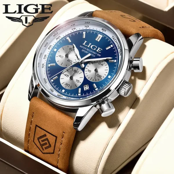 LIGE original business men watch sealed waterproof case multi-dial chronograph function leather strap quartz movement jam tangan lelaki