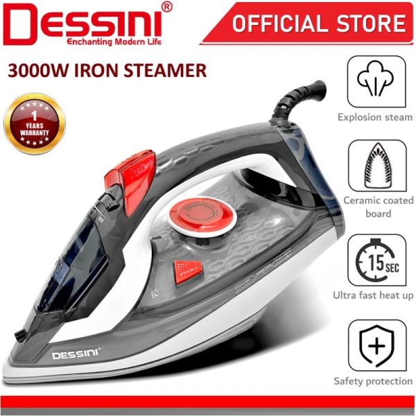 DESSINI ITALY 3000W Electric Ceramic Soleplate Garment Steam Iron Sprayer Steamer Clothes Brush / Seterika Baju