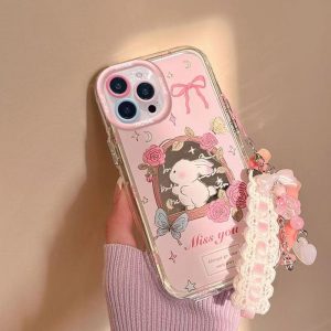 Sarung Telefon Cermin Solek, Rekaan Arnab Mawar, dengan Lanyard, Serasi dengan iPhone 11, 16, 15, 14, 13, 12, Pro, Xs Max, XR, X, 7, 8 Plus, Sarung Korea, Penutup Belakang Pelindung Kalis Kejutan