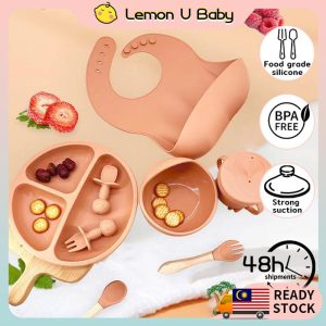Baby silicone feeding set suction baby plate baby bowl baby cup baby bib baby spoon and fork set(2SET) Food Grade Silicone 8PCS