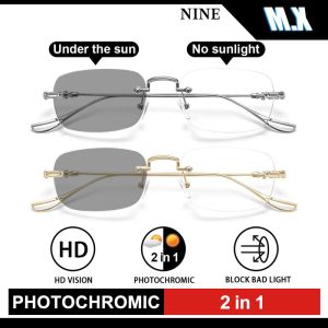 Cermin Mata Photochromic, Cermin Mata Hitam MX STUDIO MX-NINE, Untuk Lelaki dan Wanita, Cermin Mata Hitam, Kanta Perubahan Warna, Anti-UV, Gaya Lelaki Clubmaster, Ringan, Sesuai untuk Cermin Mata,