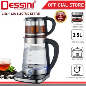 DESSINI ITALY 2.5L + 1.0L Glass LED Light Electric Kettle Temperature Control Automatic Cut Off Boiler Jug Teapot Cerek