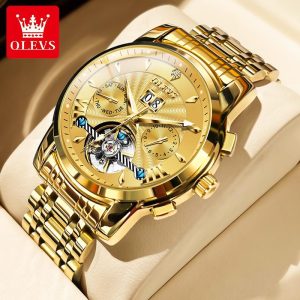OLEVS Jam Tangan Automatik Tulen Untuk Lelaki Kalis Air Asli Dengan Kotak Tersedia dalam Emas Biru Putih dan Hitam 9965 Watches Rotundity Bahan logam dalam stok Banyak warna Pejabat parti pemberian hadiah Garanti 1 tahun