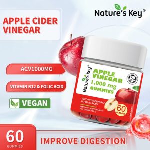 Nature's Key Apple Cider Vinegar Gummies, ACV setiap hidangan mengandungi 1000mg, mengandungi Vitamin B6 dan Vitamin B12, suplemen pemakanan, perisa epal, 60 biji setiap botol, sesuai untuk vegan
