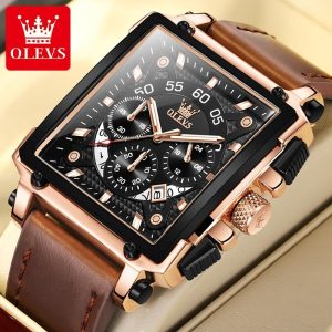 OLEVS 9919 Jam Tangan Lelaki Bukti Air Kulit Chronograph Square Asli Dengan Kotak Tarikh Hitam Square Metal Kulit Watch For Men Pelbagai Warna Dengan Kotak Hadiah Berikan Pihak Pejabat Waranti 1 tahun Penghantaran Percuma