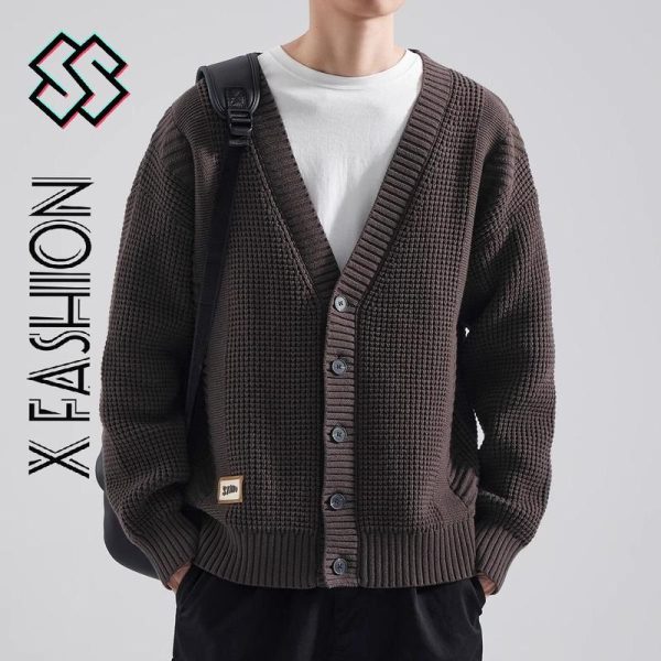 Kardigan Berkait, Gaya Retro Fesyen, Sweater Jarum Tebal, Untuk Lelaki, Longgar, Serba guna, Trendi, Jaket Sweater Ins, X-Fesyen, B073