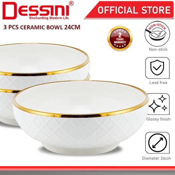 DESSINI ITALY 9.5 Inch 3 PCS Ceramic Serving Bowl Salad Soup Cereal Pasta Casserole Non Stick Stock Pot Dinnerware MANGKUK