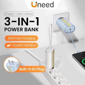 【Euro Plug】UNEED Power Bank 35W Fast Charging 8000mAh Original Mini Portable Powerbank with AC Plug for iP & Android