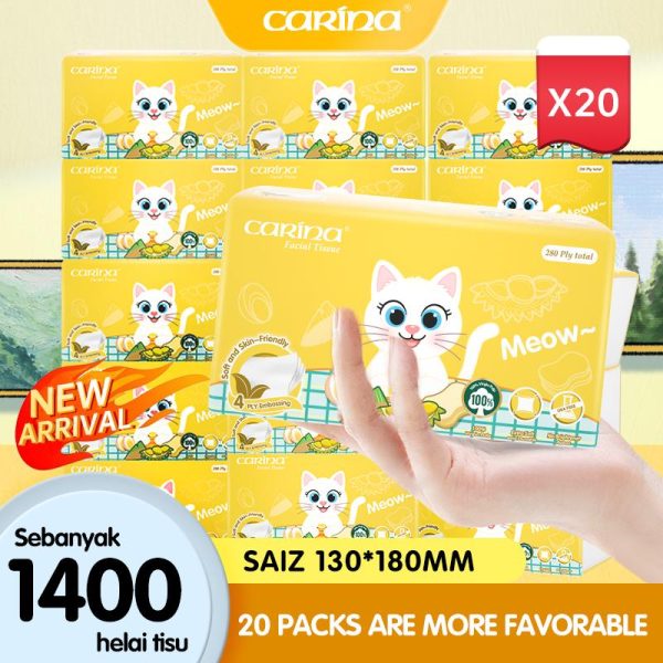 [20 pcs] carina kusyen udara lembut tisu muka kucing kartun comel 4 lapisan 20 pek setiap kotak 280 helai * 20packs 130mm*180mm