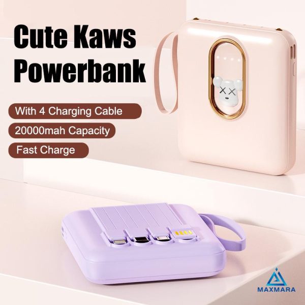 Yisen 20000mah Powerbank Cute Kaws Design with Detachable 4 Cable Mini Portable Fast Charging Candy Color Purple Power Bank