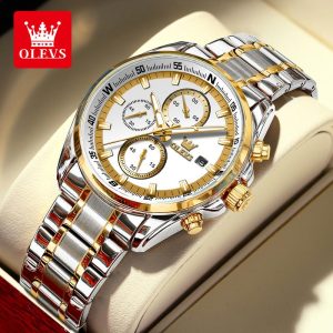 OLEVS Jam Tangan Lelaki Pria Original Waterproof Quartz Movement Stainless Steel Luminous Calendar Business Genuine Leisure Men Watch 713 Rotundity Bahan logam dalam stok Banyak warna Pejabat parti pemberian hadiah Garanti 1 tahun