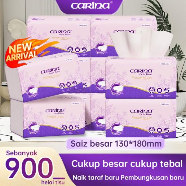 [10 pek] Carina 100% pulpa kayu dara kusyen udara berkualiti tinggi tisu muka lembut 3 lapisan 270 keping