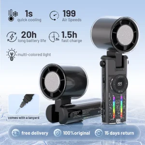 Kipas Turbo Pegang Tangan Berkelajuan Tinggi Mudah Alih, Lebat, 1S Mod ais, LED, 199 Tahap Kelajuan Boleh Laras, Kipas Mini Mudah Alih, Fleksibel 180 , Cahaya Sejuk selama 20H, 4000mAh, Kipas Tangan dengan Aircond